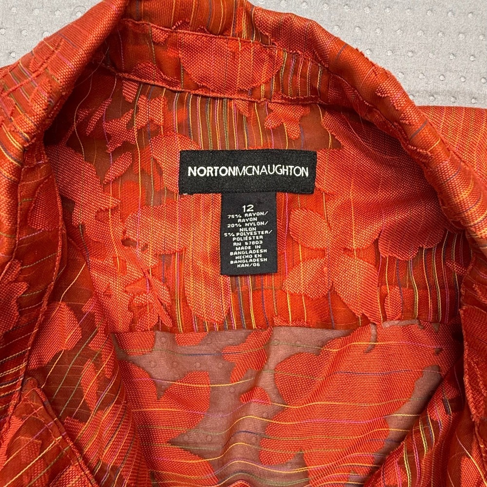 Norton McNaughton Blouse Women 12 Orange Floral Sheer 3/4 Sleeve Spring Top - Picture 3 of 6